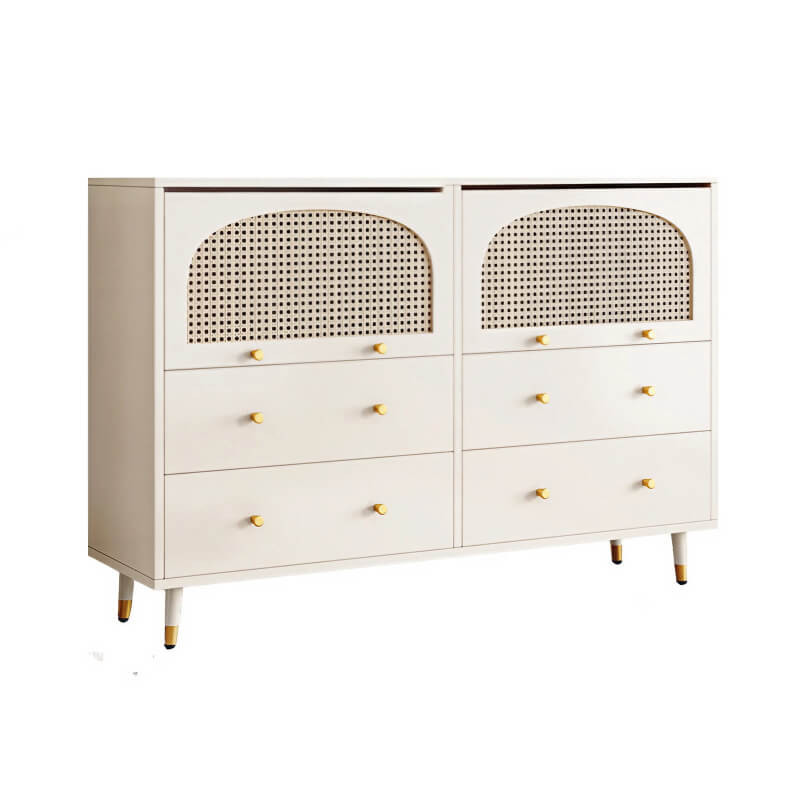 47" Modern Rattan Dresser with Drawers, Shelves, Doors - Warm White