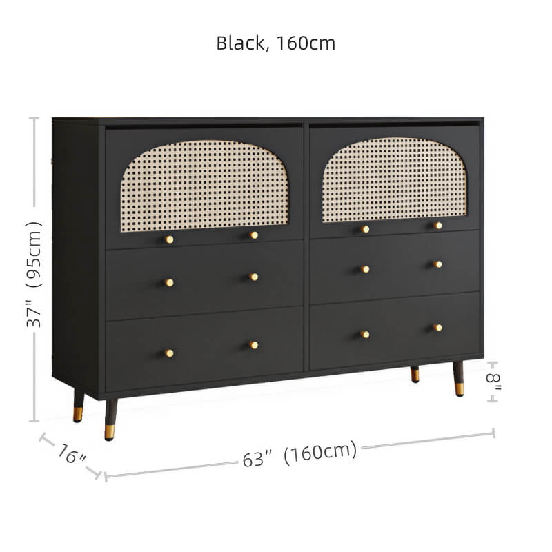 47" Modern Rattan Dresser with Drawers, Shelves, Doors - Warm White