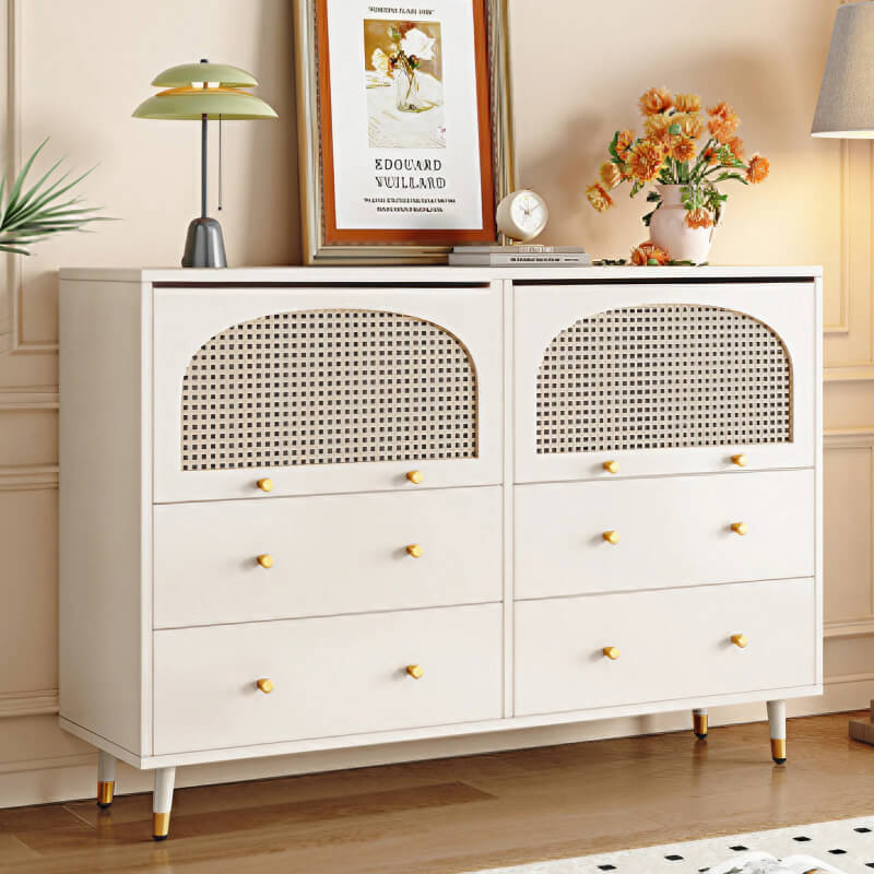 47" Modern Rattan Dresser with Drawers, Shelves, Doors - Warm White