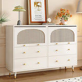 47" Modern Rattan Dresser with Drawers, Shelves, Doors - Warm White
