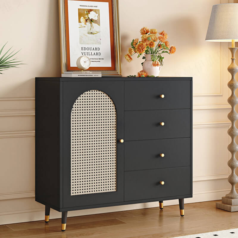 47" Modern Rattan Dresser with Drawers, Shelves, Doors - Warm White
