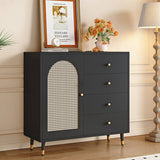47" Modern Rattan Dresser with Drawers, Shelves, Doors - Warm White