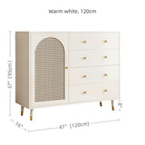47" Modern Rattan Dresser with Drawers, Shelves, Doors - Warm White