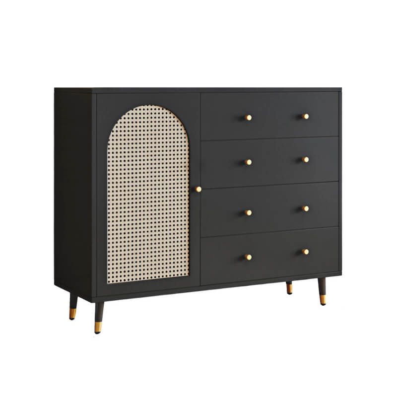 47" Modern Rattan Dresser with Drawers, Shelves, Doors - Warm White