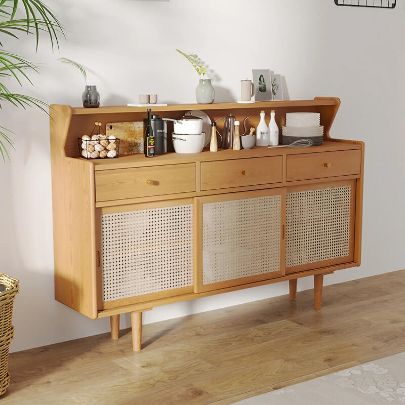55" Modern Rattan Dresser - Natural - 3 Drawers, Shelves, Doors Included