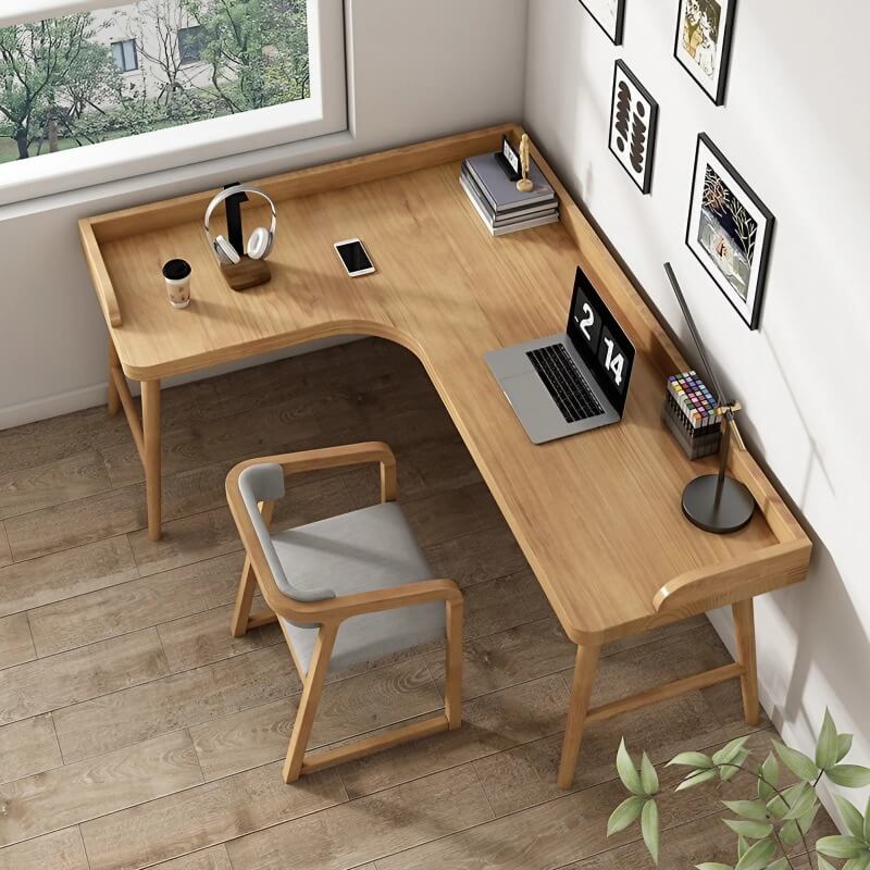 59″ L Shaped Desk Natural Wood Minimalist Nordic Style Trestle Base