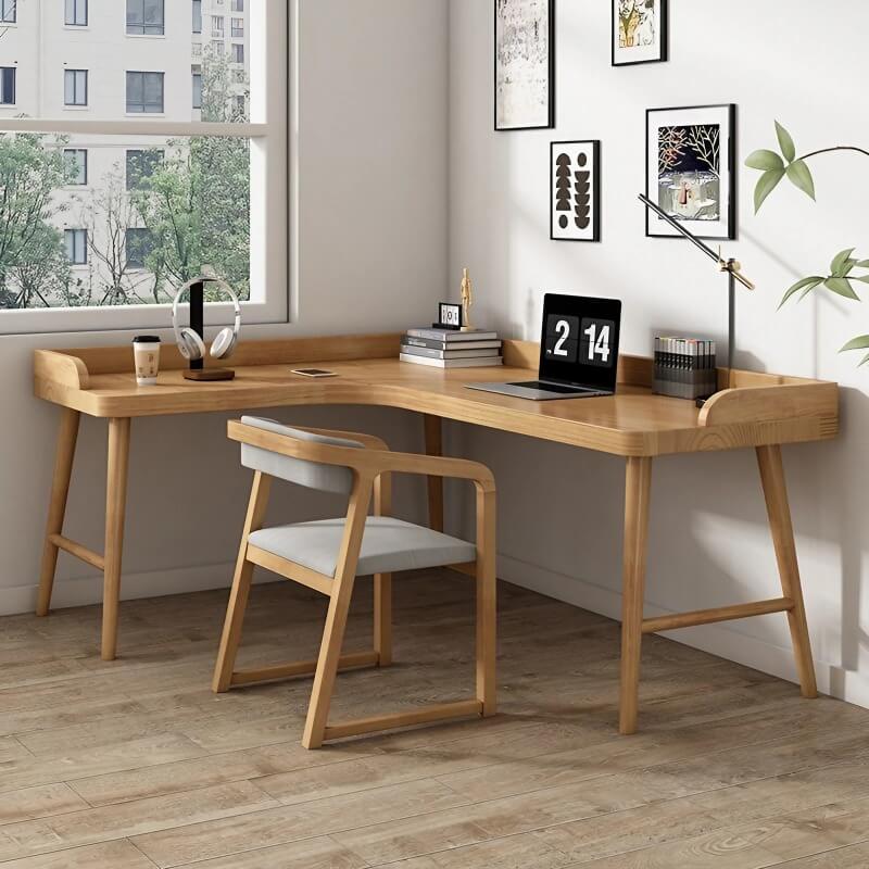 59″ L Shaped Desk Natural Wood Minimalist Nordic Style Trestle Base