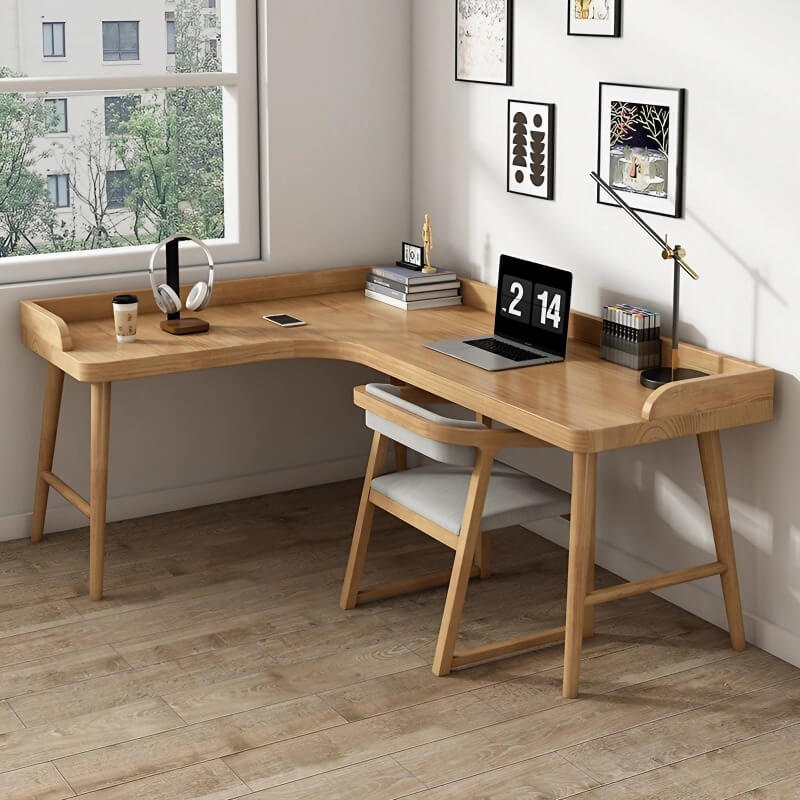 59″ L Shaped Desk Natural Wood Minimalist Nordic Style Trestle Base