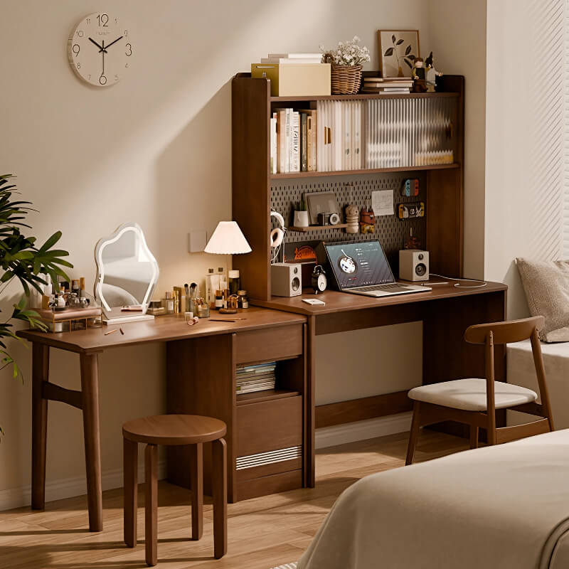 59″ L Shaped Desk Wood Sled Base Black Walnut Rustic Storage Rotating Shelves