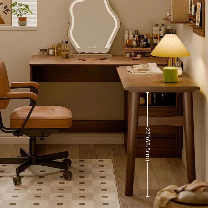 59″ L Shaped Desk Wood Sled Base Black Walnut Rustic Storage Rotating Shelves