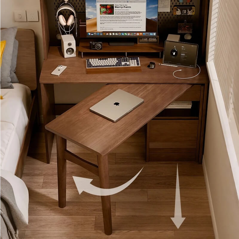 59″ L Shaped Desk Wood Sled Base Black Walnut Rustic Storage Rotating Shelves