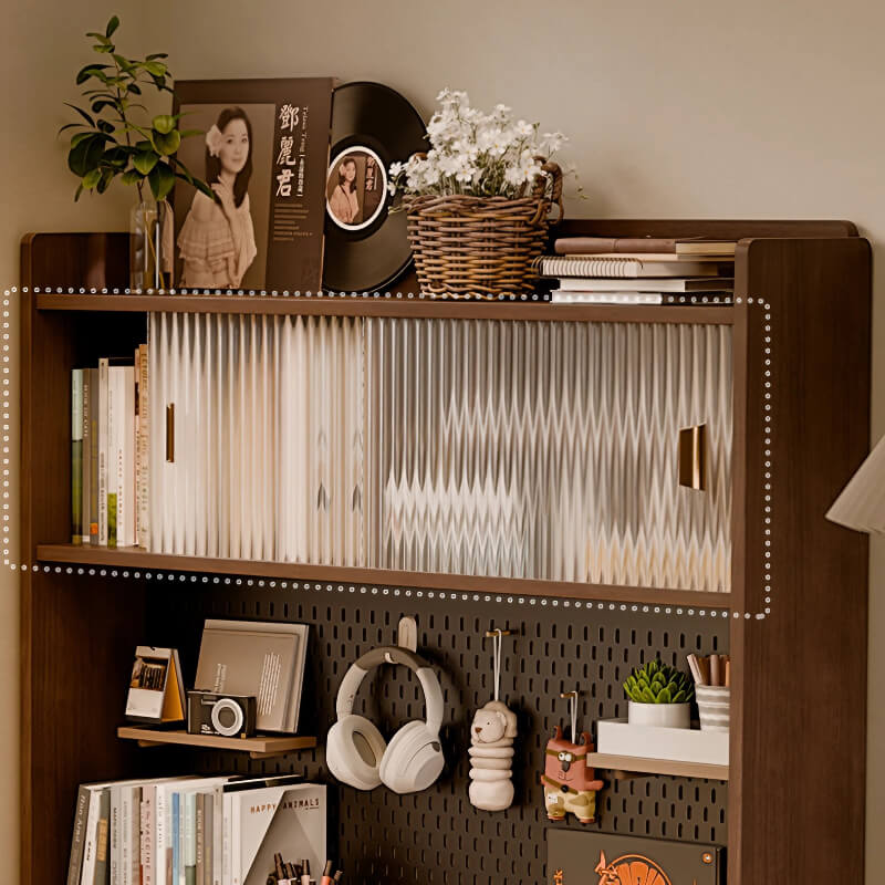 59″ L Shaped Desk Wood Sled Base Black Walnut Rustic Storage Rotating Shelves