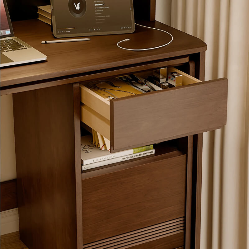 59″ L Shaped Desk Wood Sled Base Black Walnut Rustic Storage Rotating Shelves