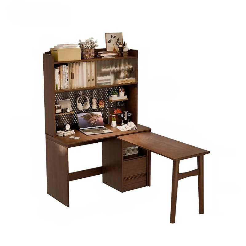 59″ L Shaped Desk Wood Sled Base Black Walnut Rustic Storage Rotating Shelves