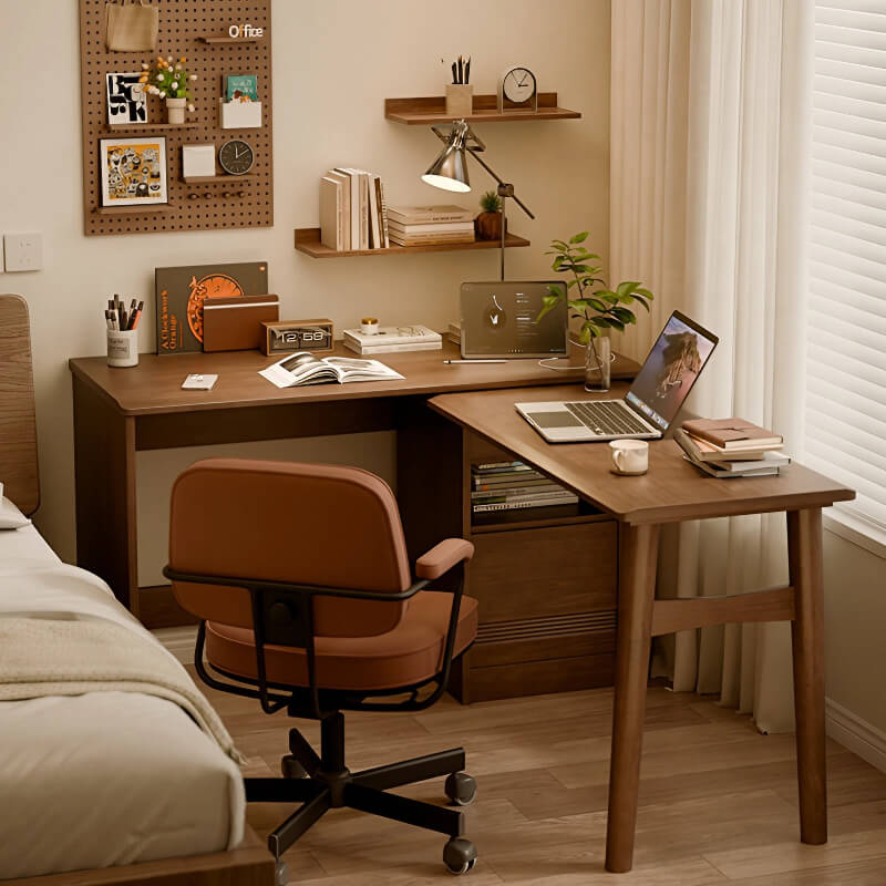 59″ L Shaped Desk Wood Sled Base Black Walnut Rustic Storage Rotating Shelves