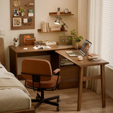 59″ L Shaped Desk Wood Sled Base Black Walnut Rustic Storage Rotating Shelves