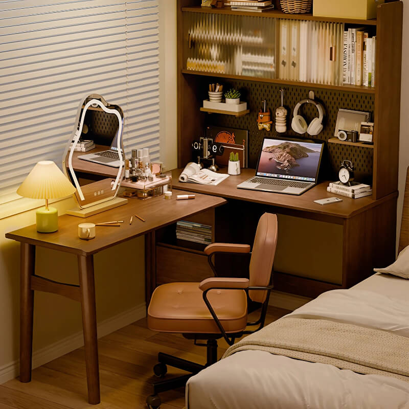 59″ L Shaped Desk Wood Sled Base Black Walnut Rustic Storage Rotating Shelves