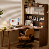 59″ L Shaped Desk Wood Sled Base Black Walnut Rustic Storage Rotating Shelves