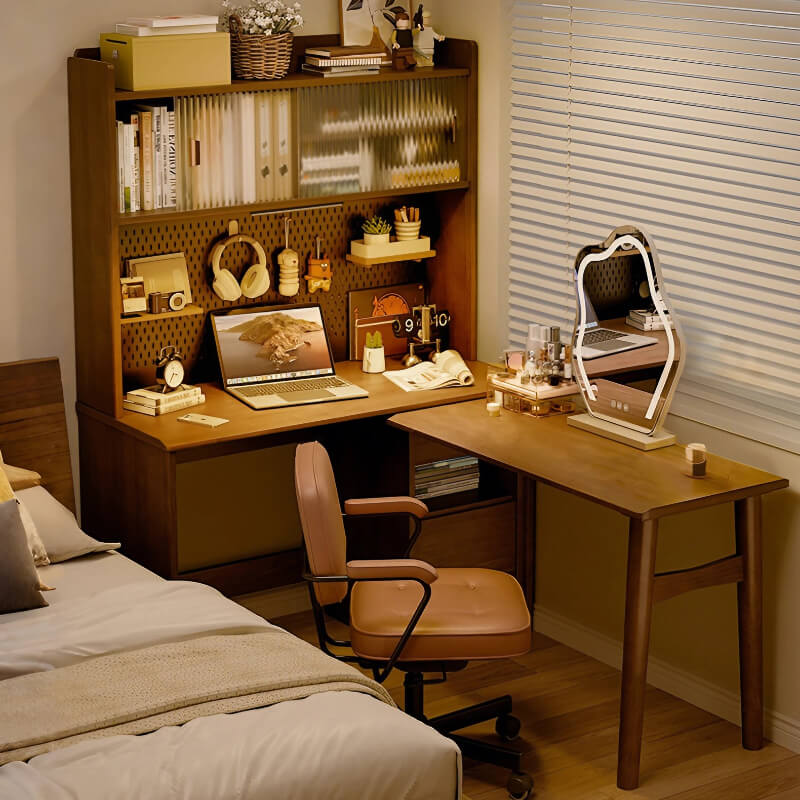 59″ L Shaped Desk Wood Sled Base Black Walnut Rustic Storage Rotating Shelves