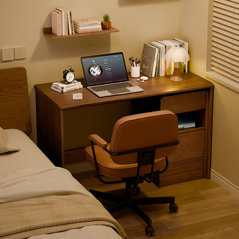 59″ L Shaped Desk Wood Sled Base Black Walnut Rustic Storage Rotating Shelves