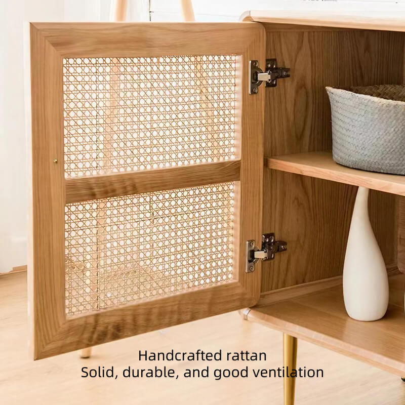 59" Modern Rattan Dresser with 3 Drawers, Shelves, Doors - Natural