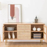 59" Modern Rattan Dresser with 3 Drawers, Shelves, Doors - Natural