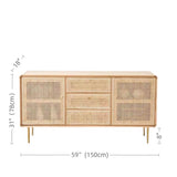 59" Modern Rattan Dresser with 3 Drawers, Shelves, Doors - Natural
