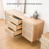 59" Modern Rattan Dresser with 3 Drawers, Shelves, Doors - Natural