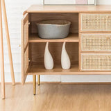 59" Modern Rattan Dresser with 3 Drawers, Shelves, Doors - Natural