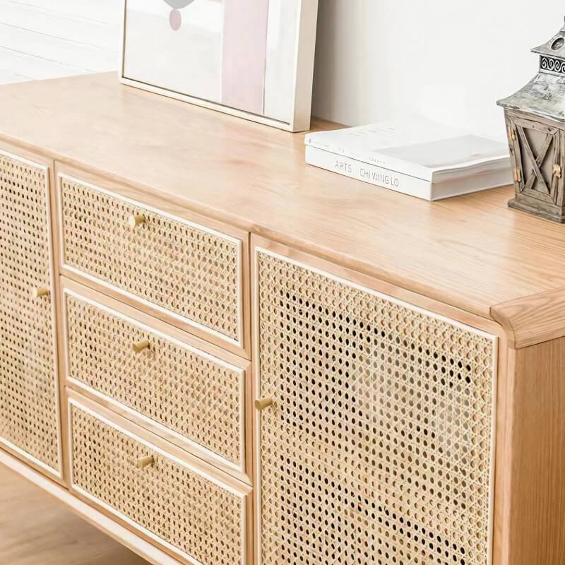 59" Modern Rattan Dresser with 3 Drawers, Shelves, Doors - Natural
