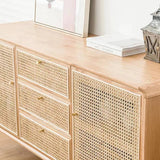 59" Modern Rattan Dresser with 3 Drawers, Shelves, Doors - Natural