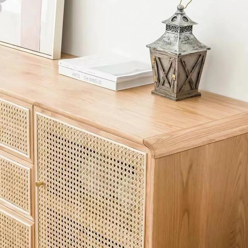 59" Modern Rattan Dresser with 3 Drawers, Shelves, Doors - Natural