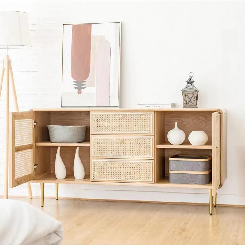 59" Modern Rattan Dresser with 3 Drawers, Shelves, Doors - Natural