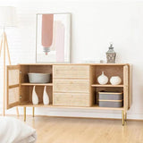 59" Modern Rattan Dresser with 3 Drawers, Shelves, Doors - Natural