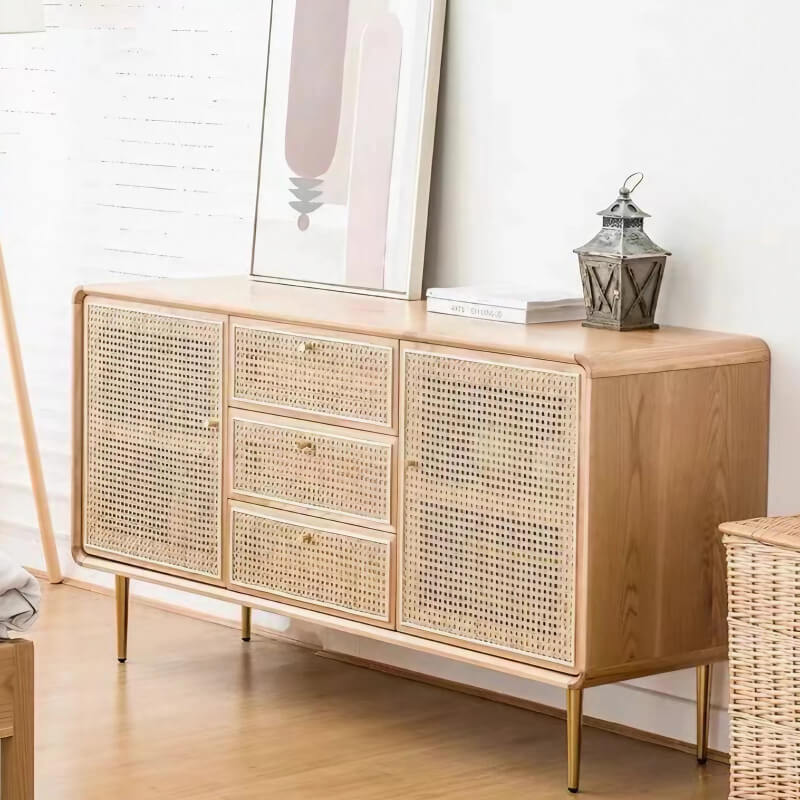 59" Modern Rattan Dresser with 3 Drawers, Shelves, Doors - Natural