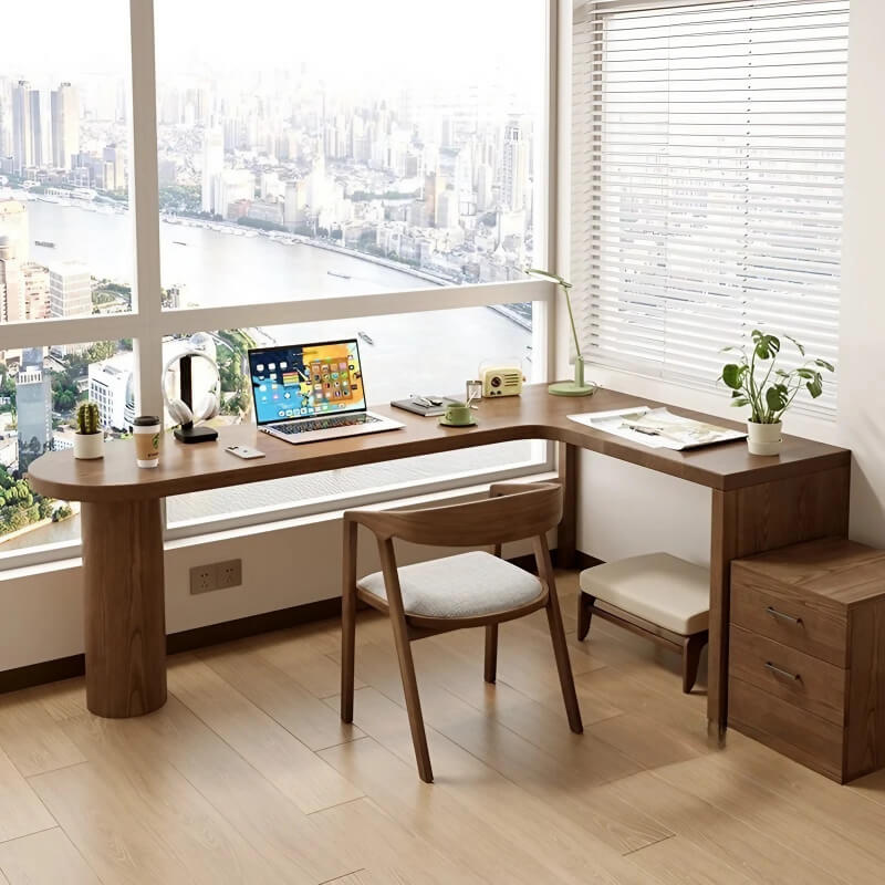 59″ Nordic L Shaped Desk Walnut Minimalist Wood Pedestal Sled