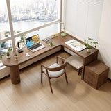 59″ Nordic L Shaped Desk Walnut Minimalist Wood Pedestal Sled