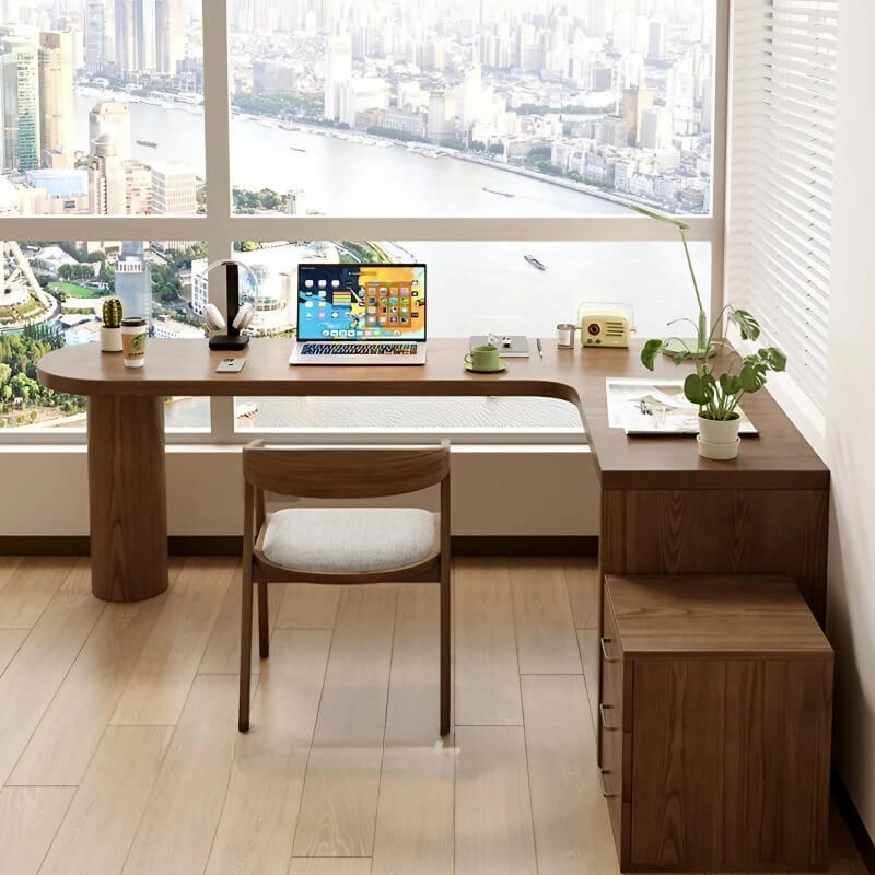 59″ Nordic L Shaped Desk Walnut Minimalist Wood Pedestal Sled