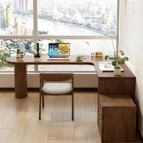 59″ Nordic L Shaped Desk Walnut Minimalist Wood Pedestal Sled