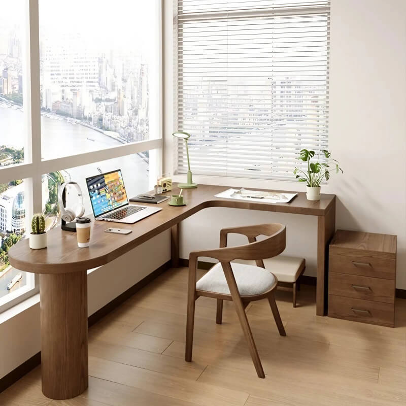 59″ Nordic L Shaped Desk Walnut Minimalist Wood Pedestal Sled