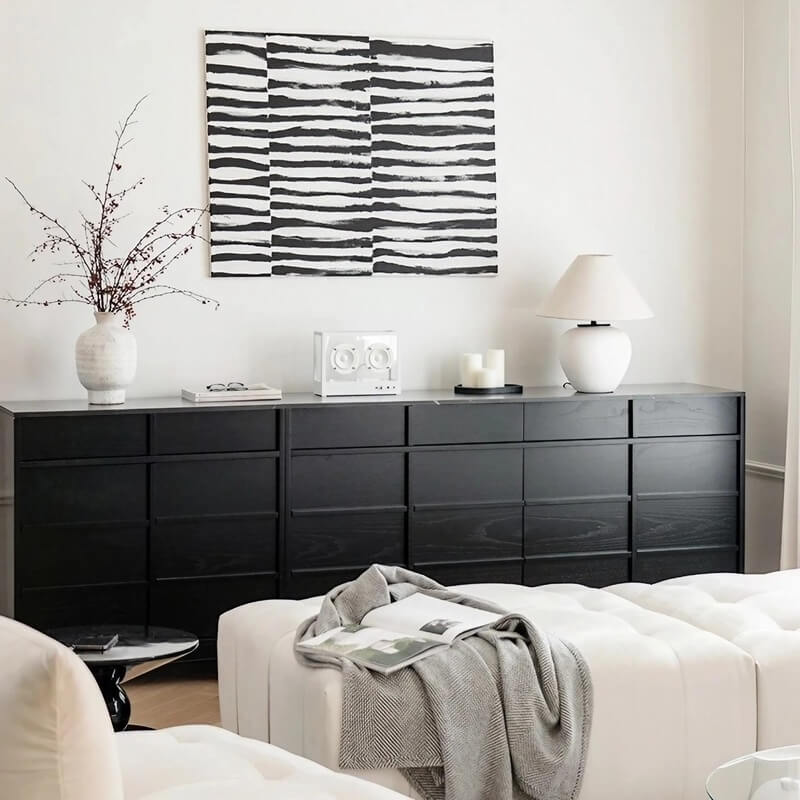 63.0″ Natural Solid Wood Sideboard - Scandinavian-style with 4 Drawers, 6 Shelves, Doors Feature