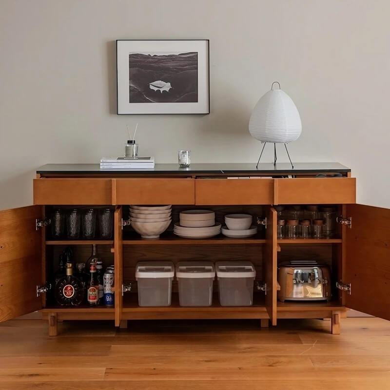 63.0″ Natural Solid Wood Sideboard - Scandinavian-style with 4 Drawers, 6 Shelves, Doors Feature