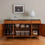 63.0″ Natural Solid Wood Sideboard - Scandinavian-style with 4 Drawers, 6 Shelves, Doors Feature