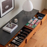 63.0″ Natural Solid Wood Sideboard - Scandinavian-style with 4 Drawers, 6 Shelves, Doors Feature
