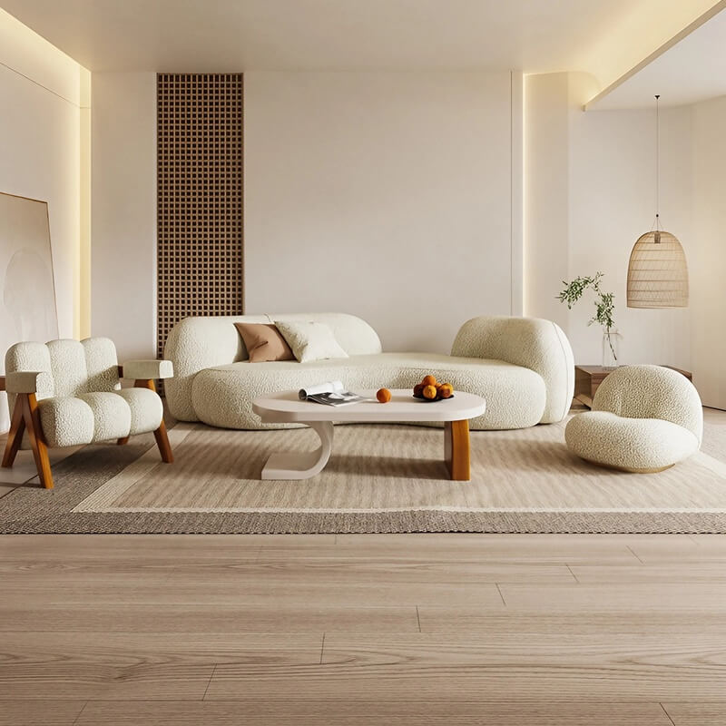 66.9″ Sherpa Upholstered Curve Sofa - Modern Style, Beige with Pillow Included