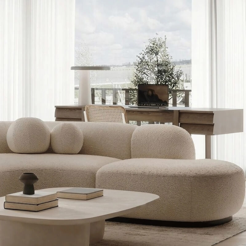 82.7″ Boucle Fabric Curve Sofa in Beige - Modern Style with Pillow Included