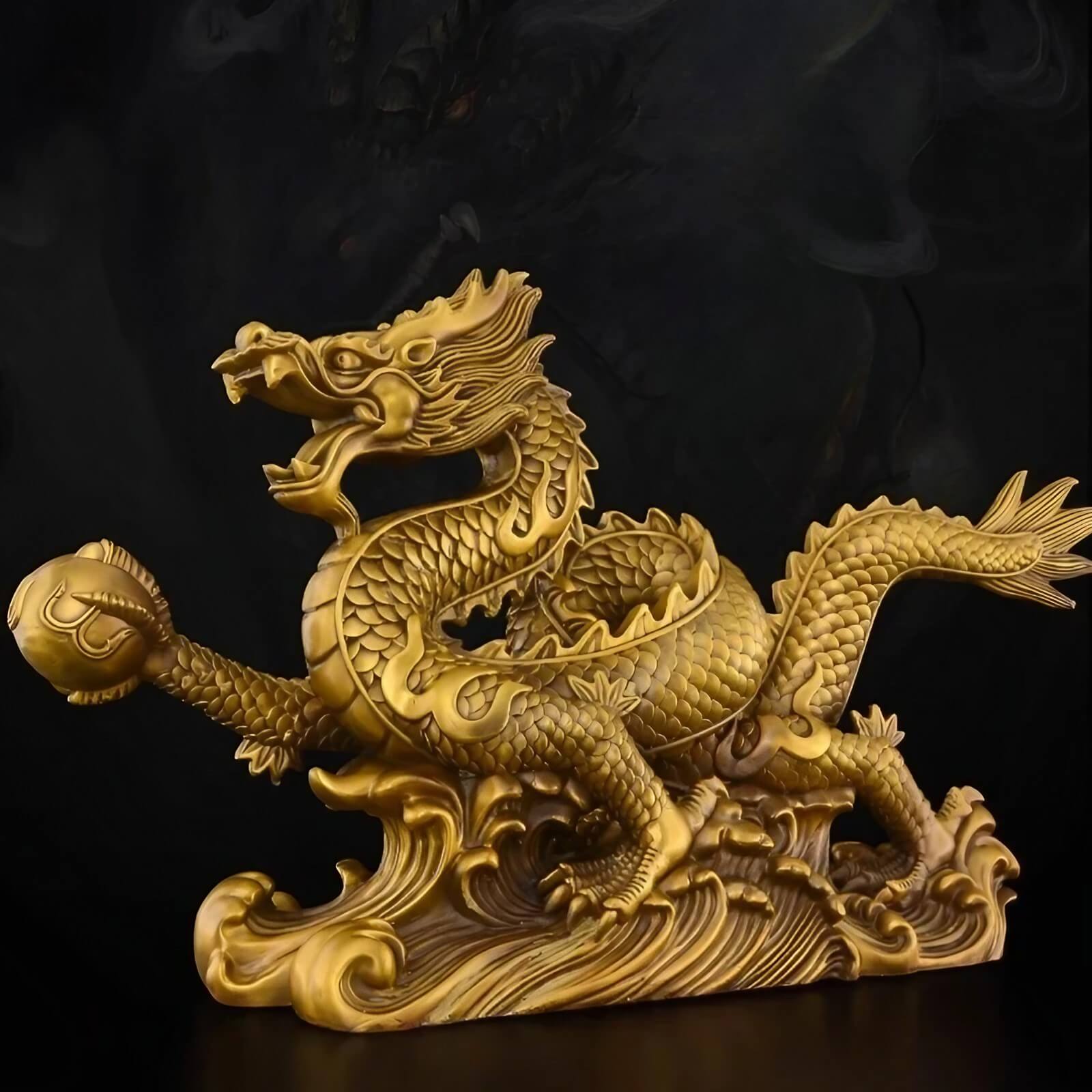 9.6″ Dragon Soaring Across Four Seas Brass Feng Shui Decor for Office Living Room