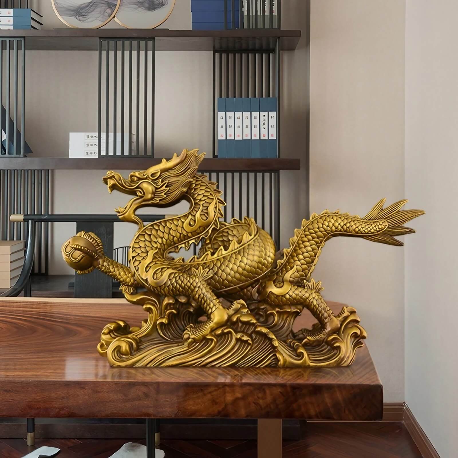 9.6″ Dragon Soaring Across Four Seas Brass Feng Shui Decor for Office Living Room