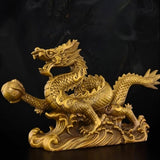 9.6″ Dragon Soaring Across Four Seas Brass Feng Shui Decor for Office Living Room
