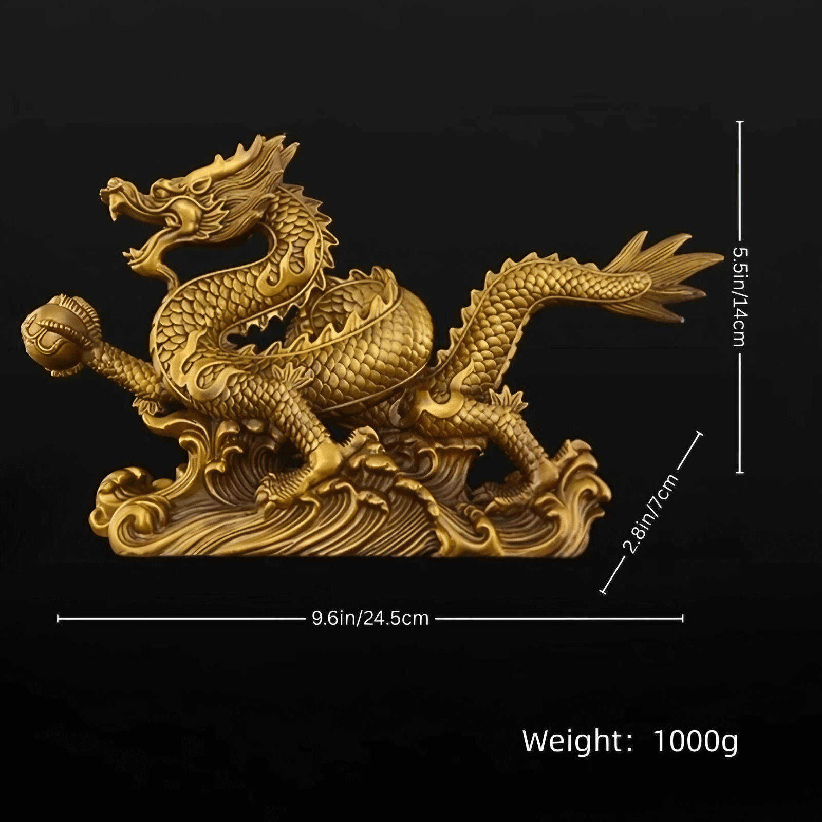 9.6″ Dragon Soaring Across Four Seas Brass Feng Shui Decor for Office Living Room